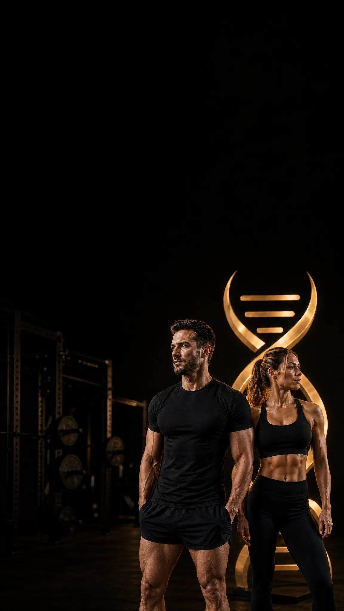 Two athletes standing in a dark gym, lit by a gold DNA helix on the wall behind them