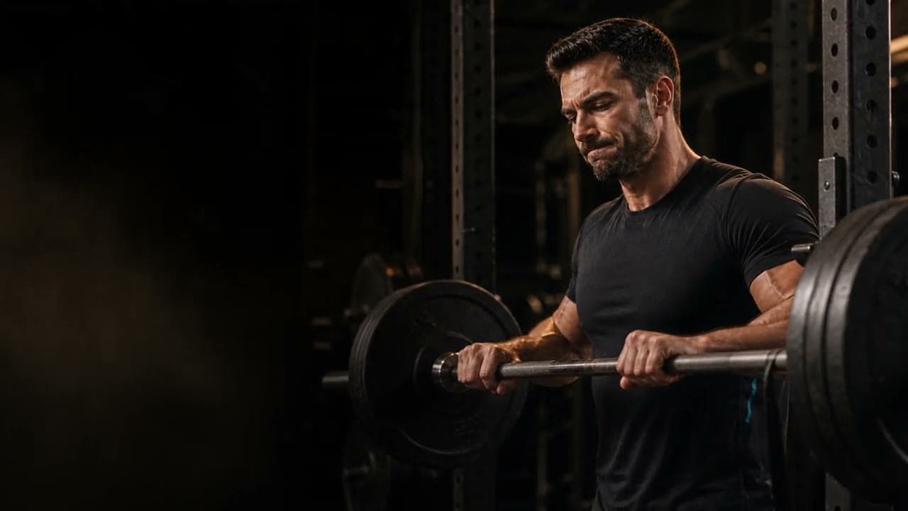 Two athletes standing in a dark gym beneath a glowing gold DNA helix